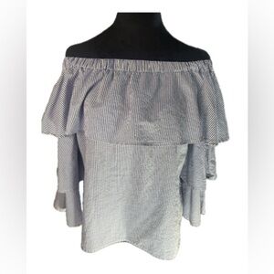 Women’s Off-Shoulder Ruffle Stripe Top - Black/White